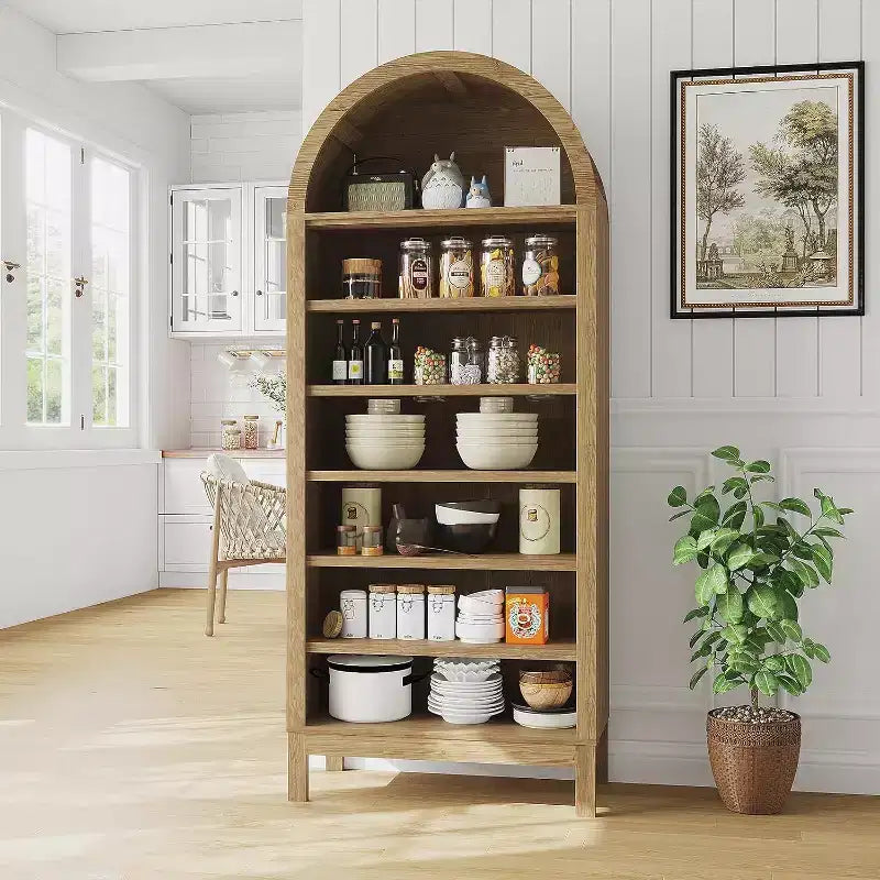 Modern Arched Bookcase 71 Tall Display Rack with 7 Adjustable Shelves Wooden Freestanding Organizer for Living Room, Bedroom or Hallway