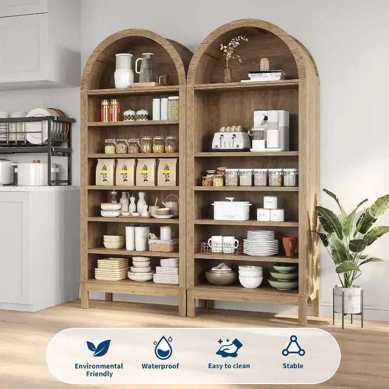 Modern Arched Bookcase 71 Tall Display Rack with 7 Adjustable Shelves Wooden Freestanding Organizer for Living Room, Bedroom or Hallway
