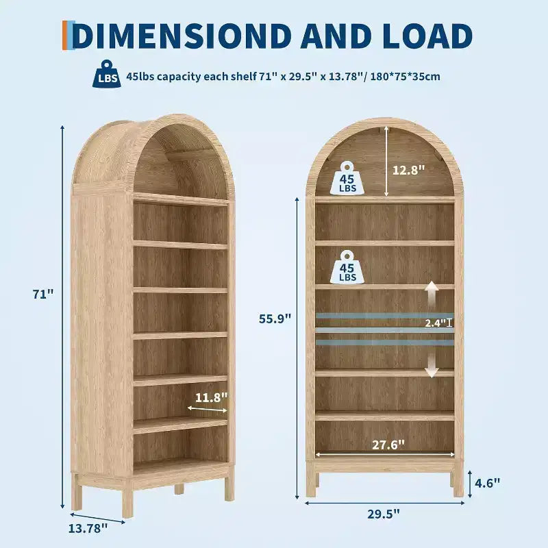 Modern Arched Bookcase 71 Tall Display Rack with 7 Adjustable Shelves Wooden Freestanding Organizer for Living Room, Bedroom or Hallway