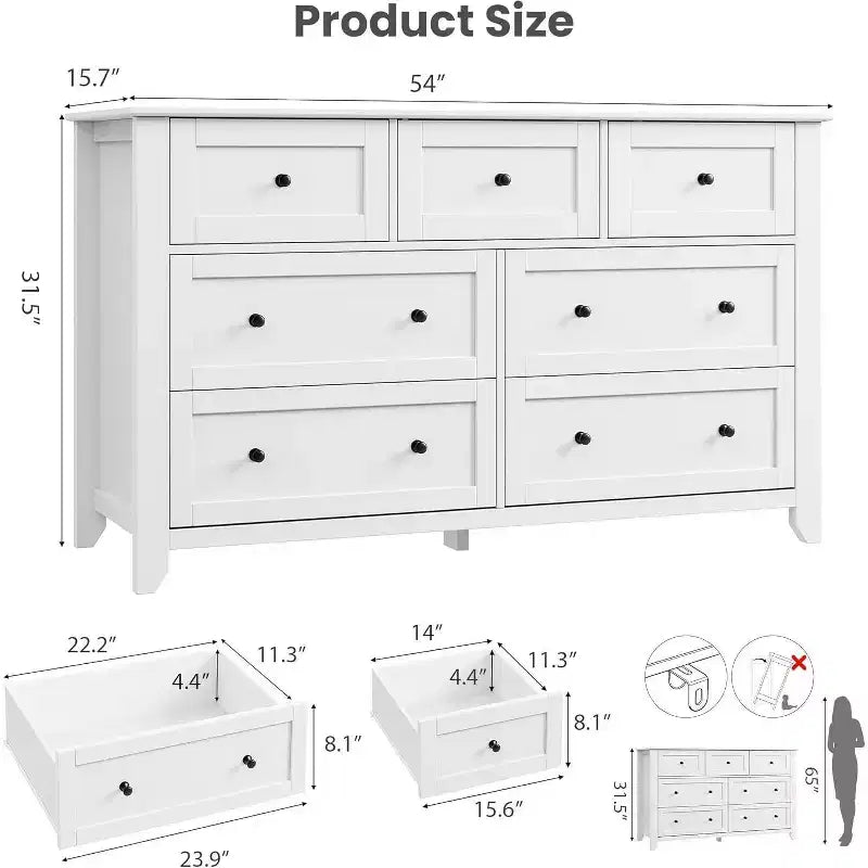 Modern 54 Wide Large 7 Drawer Dresser for Bedroom, Entryway, Hallway, White