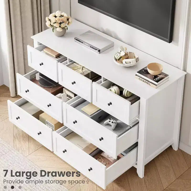 Modern 54 Wide Large 7 Drawer Dresser for Bedroom, Entryway, Hallway, White