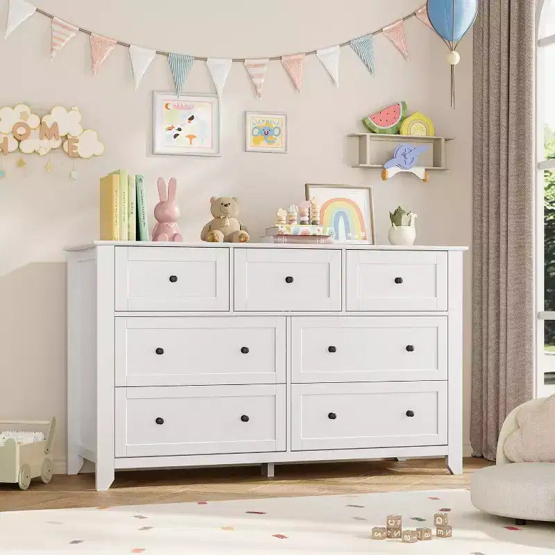Modern 54 Wide Large 7 Drawer Dresser for Bedroom, Entryway, Hallway, White