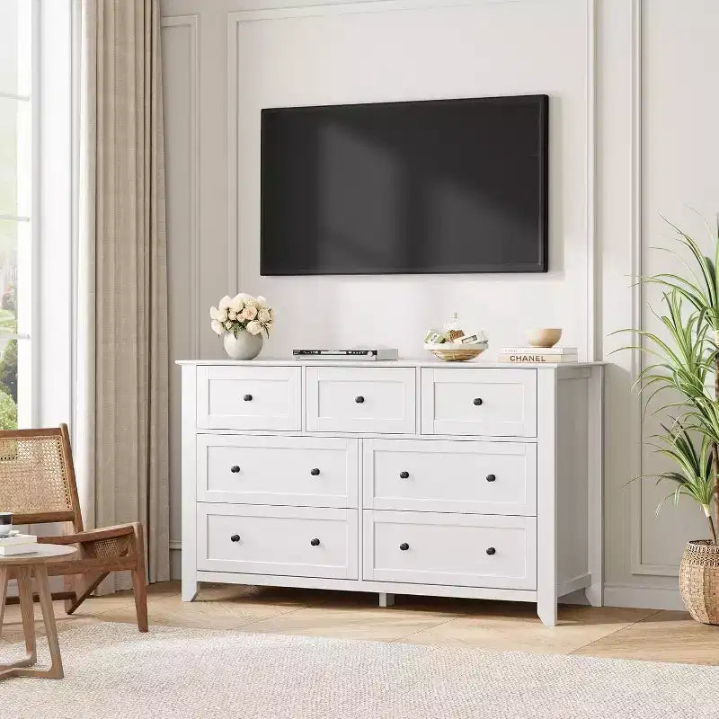 Modern 54 Wide Large 7 Drawer Dresser for Bedroom, Entryway, Hallway, White