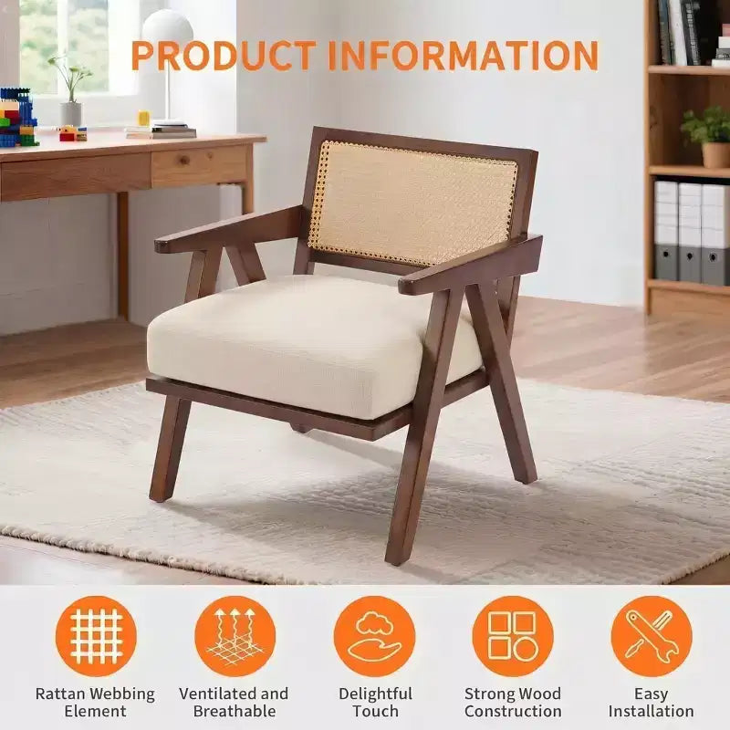 Modern Accent Chairs Set of 2, Ratten Upholstered Chairs with Armrests Wood Frame, Living Room Bedroom Home Decor