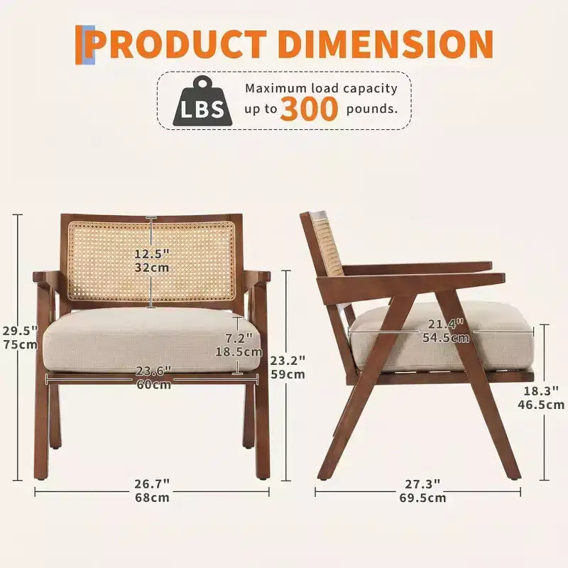 Modern Accent Chairs Set of 2, Ratten Upholstered Chairs with Armrests Wood Frame, Living Room Bedroom Home Decor