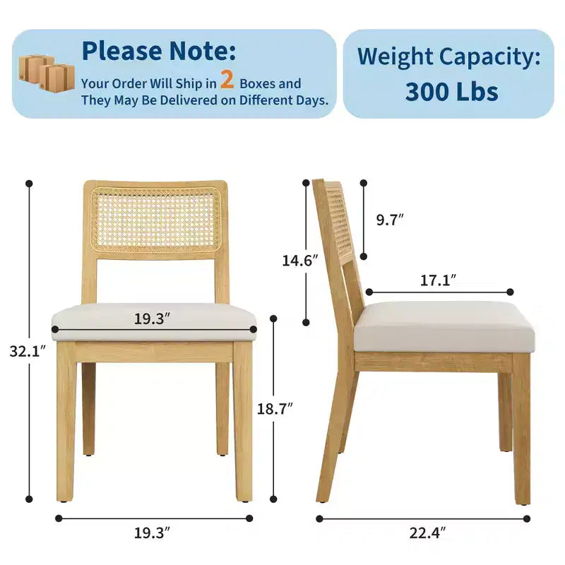 2-Pack French Country Dining Chairs Armless Wood Frame Rattan Backrest Chairs, Comfortable Upholstered Seating for Kitchen, Restaurant, or Home Din