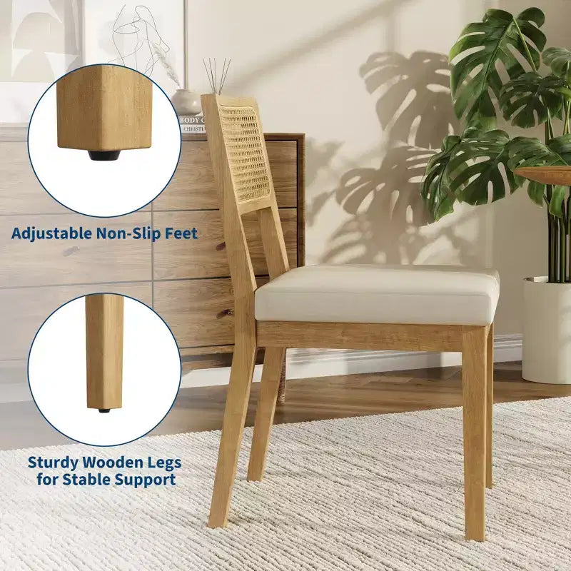 2-Pack French Country Dining Chairs Armless Wood Frame Rattan Backrest Chairs, Comfortable Upholstered Seating for Kitchen, Restaurant, or Home Din