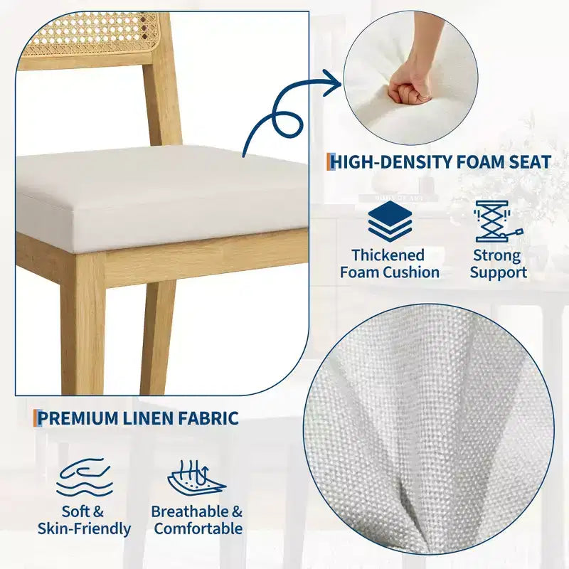 2-Pack French Country Dining Chairs Armless Wood Frame Rattan Backrest Chairs, Comfortable Upholstered Seating for Kitchen, Restaurant, or Home Din
