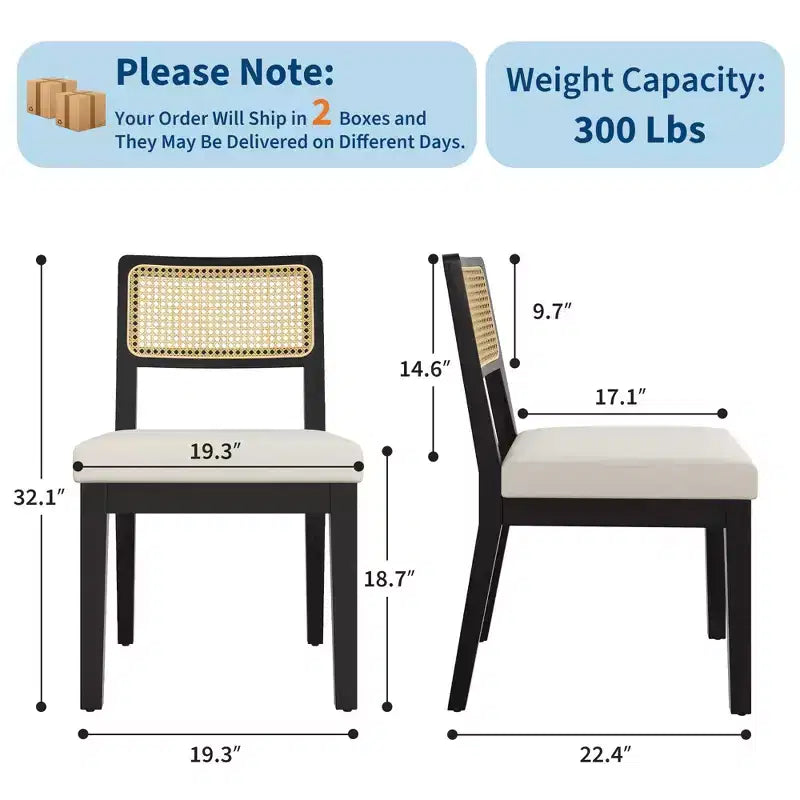 2-Pack French Country Dining Chairs Armless Wood Frame Rattan Backrest Chairs, Comfortable Upholstered Seating for Kitchen, Restaurant, or Home Din
