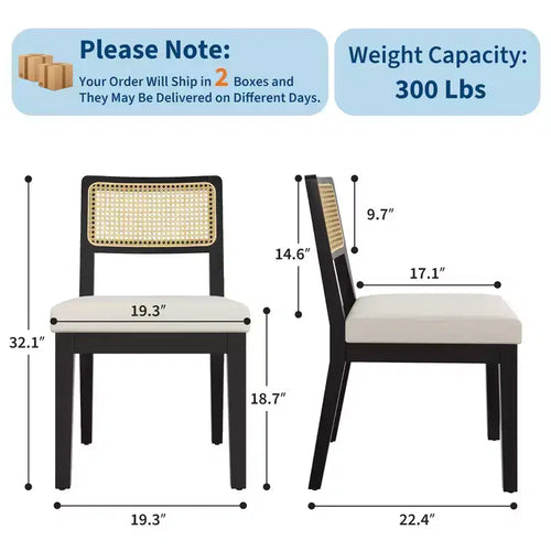 2-Pack French Country Dining Chairs Armless Wood Frame Rattan Backrest Chairs, Comfortable Upholstered Seating for Kitchen, Restaurant, or Home Din