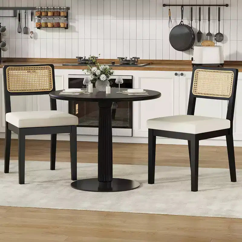 2-Pack French Country Dining Chairs Armless Wood Frame Rattan Backrest Chairs, Comfortable Upholstered Seating for Kitchen, Restaurant, or Home Din