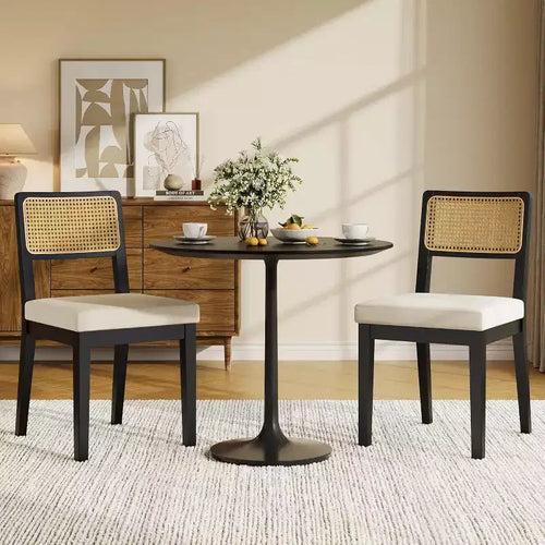 2-Pack French Country Dining Chairs  Armless Wood Frame Rattan Backrest Chairs, Comfortable Upholstered Seating for Kitchen, Restaurant, or Home Din