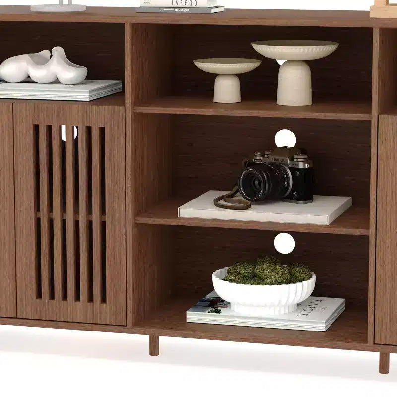 Farmhouse TV Stand for 70 Inch TVs, Rustic Brown Entertainment Center with 5 Open Storage Compartments, Wall Unit Media Console with Open Shelves