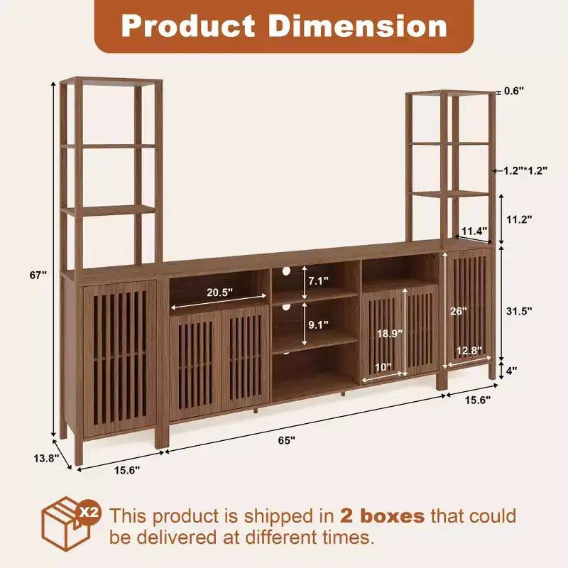 Farmhouse TV Stand for 70 Inch TVs, Rustic Brown Entertainment Center with 5 Open Storage Compartments, Wall Unit Media Console with Open Shelves