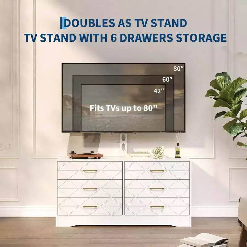 Modern TV Stand Dresser with Adjustable Mount for 32-80 Inch TVs 6 Drawer Storage Cabinet Media Console Table Bedroom & Living Room Furniture