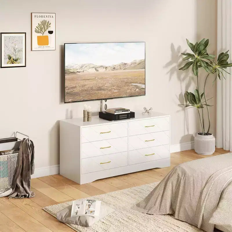 Modern TV Stand Dresser with Adjustable Mount for 32-80 Inch TVs 6 Drawer Storage Cabinet Media Console Table Bedroom & Living Room Furniture