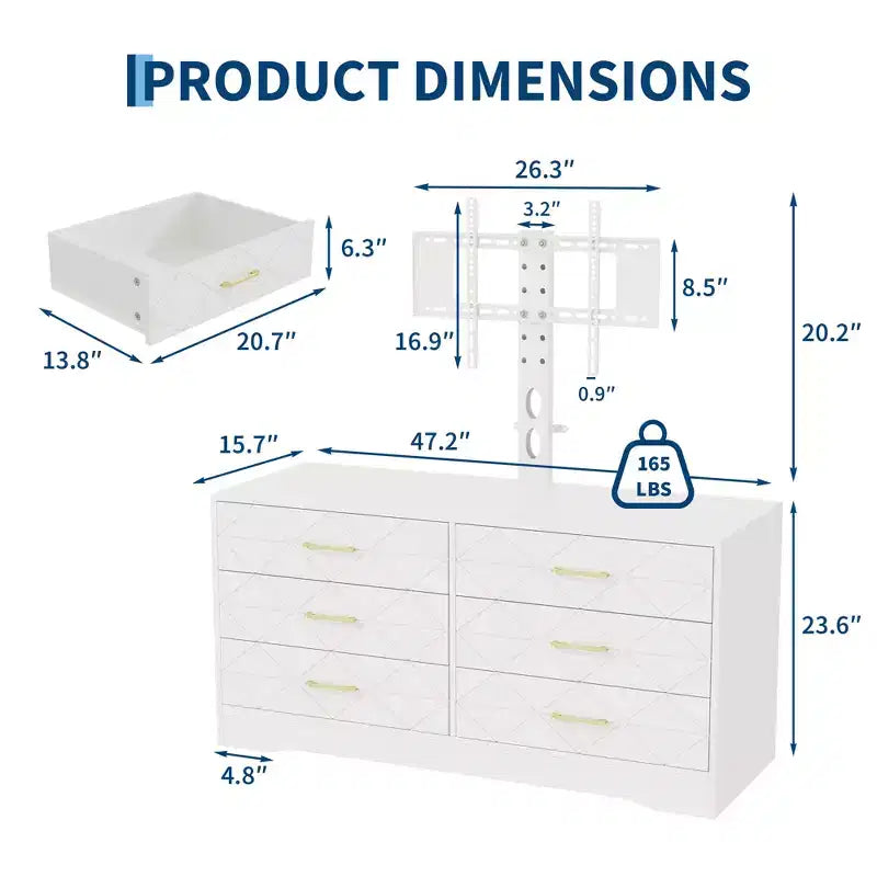 Modern TV Stand Dresser with Adjustable Mount for 32-80 Inch TVs 6 Drawer Storage Cabinet Media Console Table Bedroom & Living Room Furniture