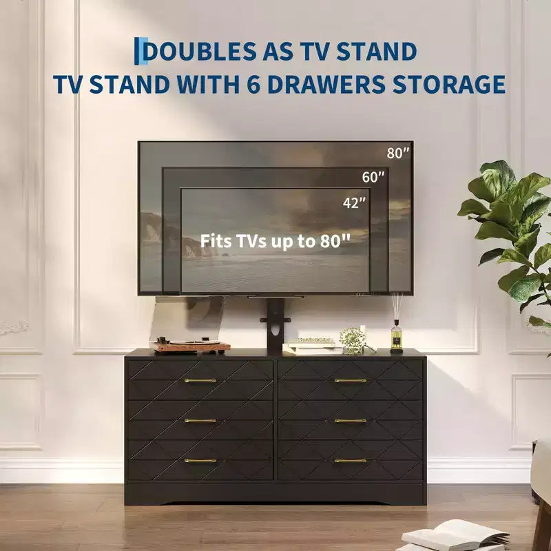 Modern TV Stand Dresser with Adjustable Mount for 32-80 Inch TVs 6 Drawer Storage Cabinet Media Console Table Bedroom & Living Room Furniture