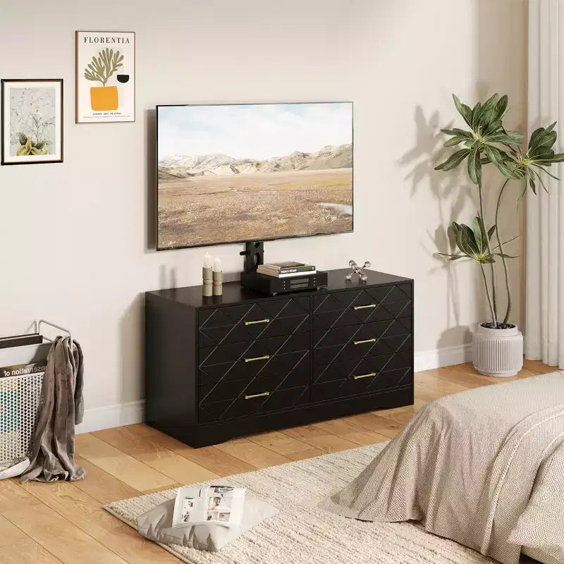 Modern TV Stand Dresser with Adjustable Mount for 32-80 Inch TVs 6 Drawer Storage Cabinet Media Console Table Bedroom & Living Room Furniture