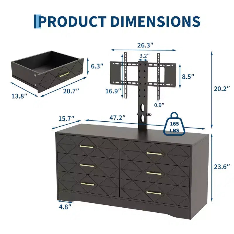 Modern TV Stand Dresser with Adjustable Mount for 32-80 Inch TVs 6 Drawer Storage Cabinet Media Console Table Bedroom & Living Room Furniture