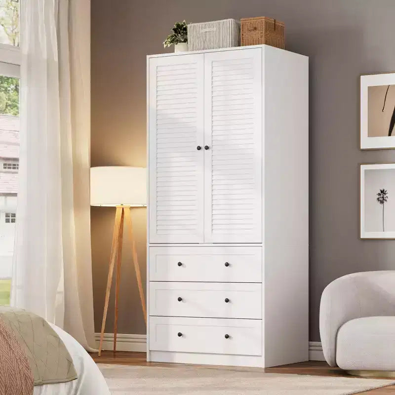 70 Wooden Wardrobe Armoire with 2 Doors & 3 Drawers Freestanding Closet Cabinet with Hanging Rod & Shelf for Bedroom Storage