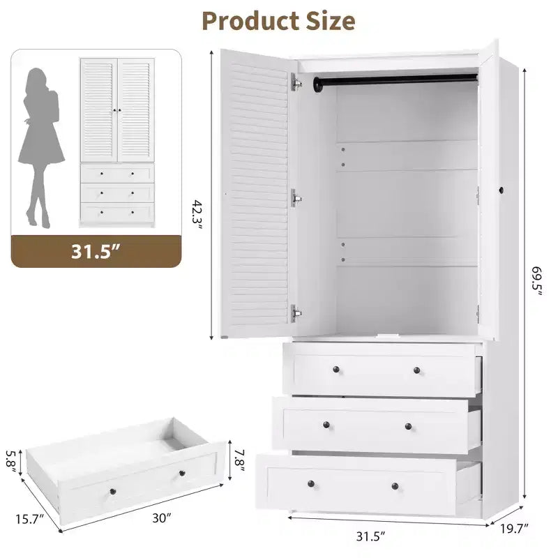 70 Wooden Wardrobe Armoire with 2 Doors & 3 Drawers Freestanding Closet Cabinet with Hanging Rod & Shelf for Bedroom Storage