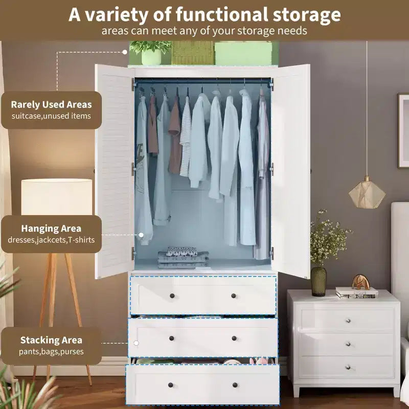 70 Wooden Wardrobe Armoire with 2 Doors & 3 Drawers Freestanding Closet Cabinet with Hanging Rod & Shelf for Bedroom Storage
