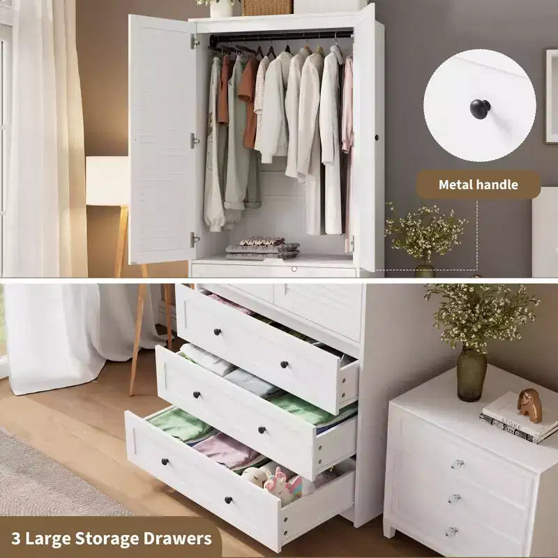 70 Wooden Wardrobe Armoire with 2 Doors & 3 Drawers Freestanding Closet Cabinet with Hanging Rod & Shelf for Bedroom Storage