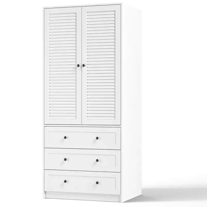 70 Wooden Wardrobe Armoire with 2 Doors & 3 Drawers Freestanding Closet Cabinet with Hanging Rod & Shelf for Bedroom Storage