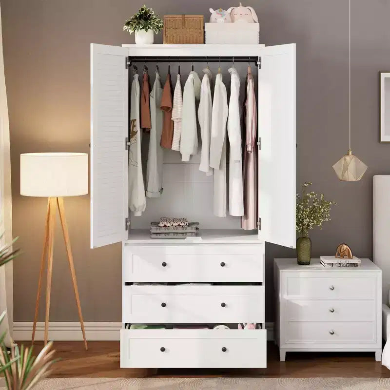 70 Wooden Wardrobe Armoire with 2 Doors & 3 Drawers Freestanding Closet Cabinet with Hanging Rod & Shelf for Bedroom Storage