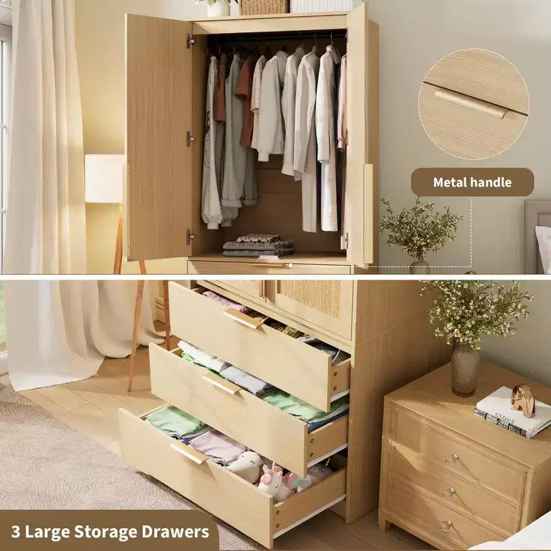 70 Wooden Wardrobe Armoire with 2 Doors & 3 Drawers Freestanding Closet Cabinet with Hanging Rod & Shelf for Bedroom Storage