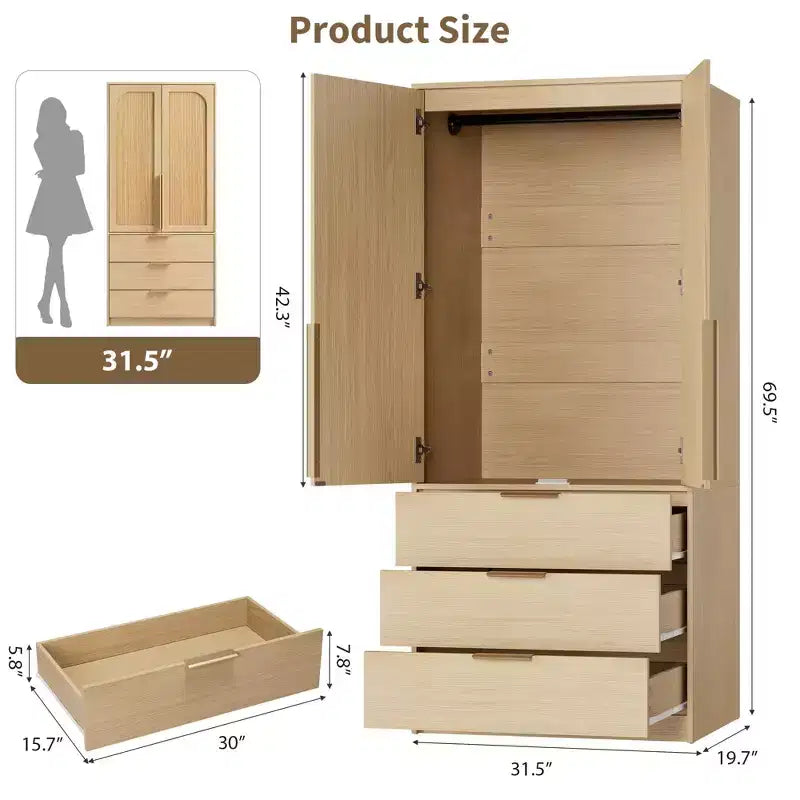 70 Wooden Wardrobe Armoire with 2 Doors & 3 Drawers Freestanding Closet Cabinet with Hanging Rod & Shelf for Bedroom Storage