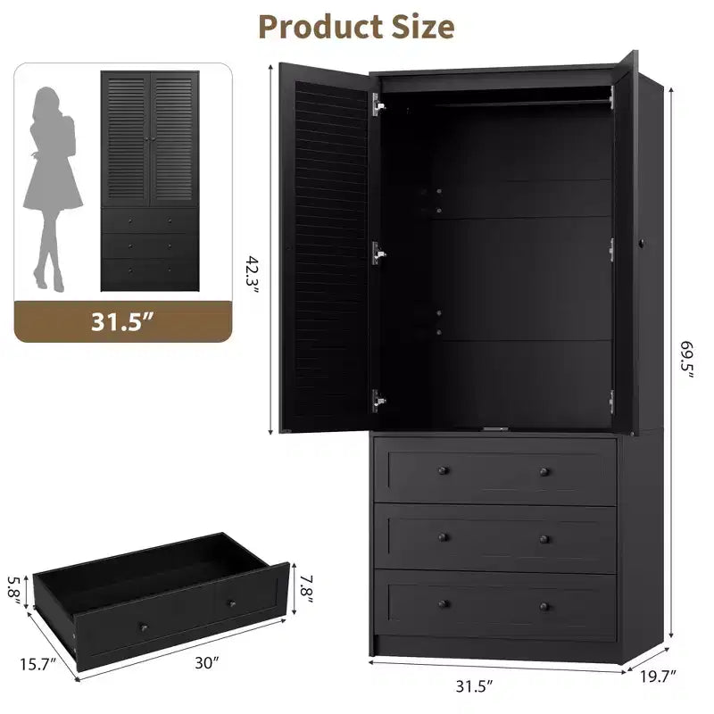 70 Wooden Wardrobe Armoire with 2 Doors & 3 Drawers Freestanding Closet Cabinet with Hanging Rod & Shelf for Bedroom Storage