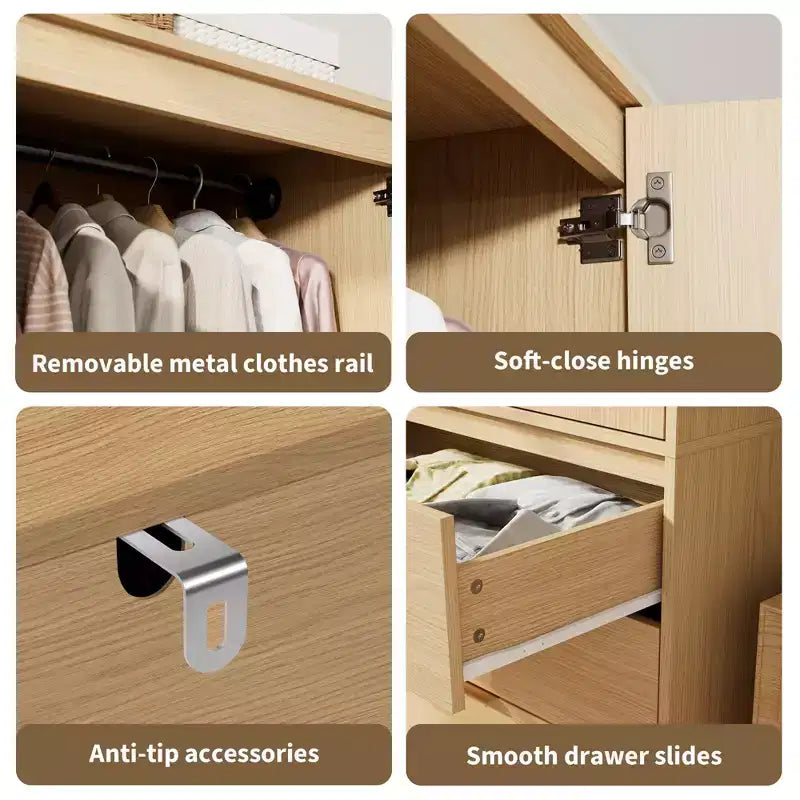 70 Wooden Wardrobe Armoire with 2 Doors & 3 Drawers Freestanding Closet Cabinet with Hanging Rod & Shelf for Bedroom Storage