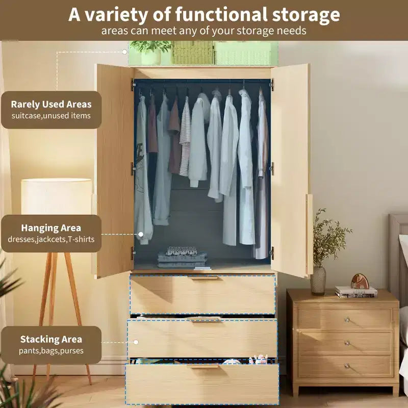 70 Wooden Wardrobe Armoire with 2 Doors & 3 Drawers Freestanding Closet Cabinet with Hanging Rod & Shelf for Bedroom Storage