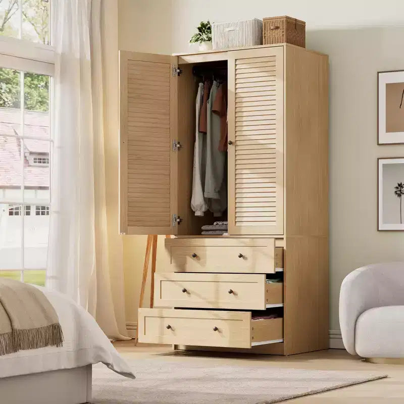 70 Wooden Wardrobe Armoire with 2 Doors & 3 Drawers Freestanding Closet Cabinet with Hanging Rod & Shelf for Bedroom Storage