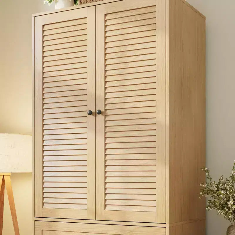 70 Wooden Wardrobe Armoire with 2 Doors & 3 Drawers Freestanding Closet Cabinet with Hanging Rod & Shelf for Bedroom Storage