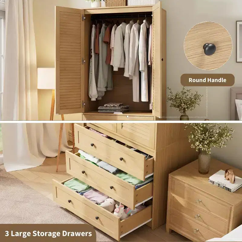 70 Wooden Wardrobe Armoire with 2 Doors & 3 Drawers Freestanding Closet Cabinet with Hanging Rod & Shelf for Bedroom Storage