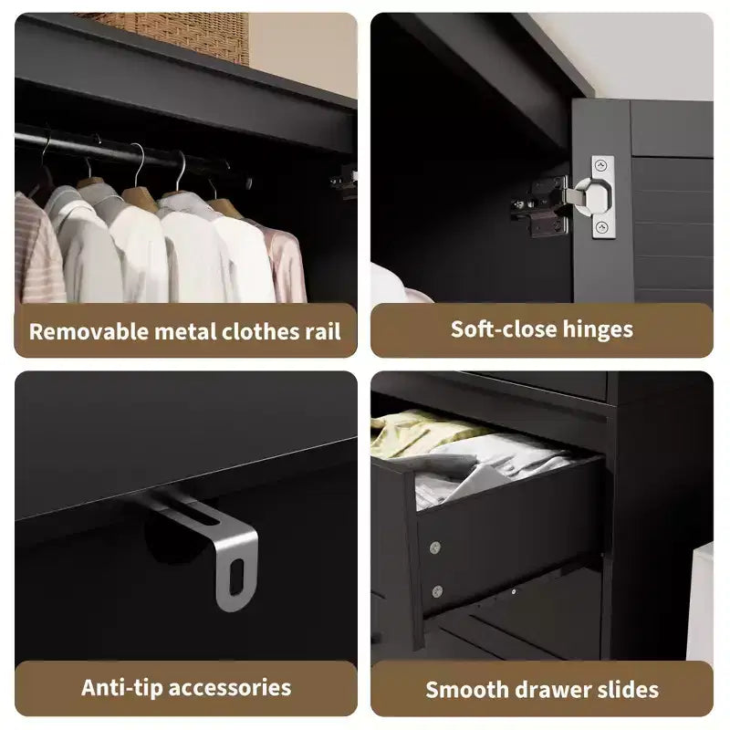 70 Wooden Wardrobe Armoire with 2 Doors & 3 Drawers Freestanding Closet Cabinet with Hanging Rod & Shelf for Bedroom Storage