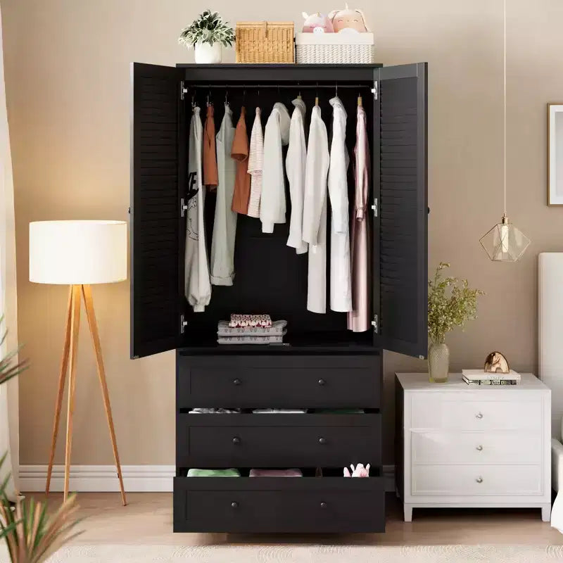 70 Wooden Wardrobe Armoire with 2 Doors & 3 Drawers Freestanding Closet Cabinet with Hanging Rod & Shelf for Bedroom Storage