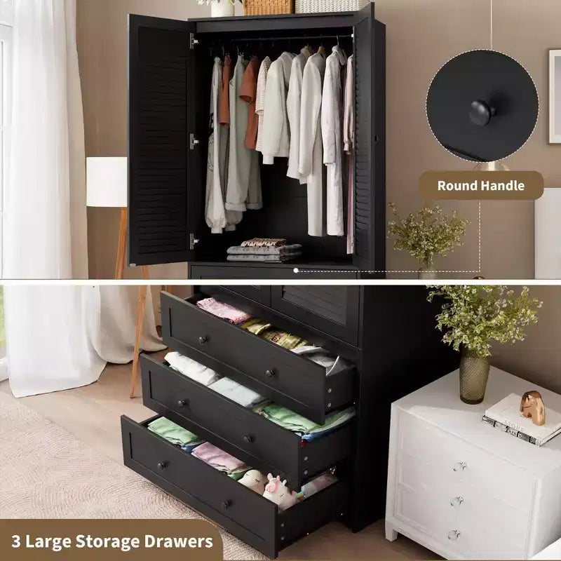 70 Wooden Wardrobe Armoire with 2 Doors & 3 Drawers Freestanding Closet Cabinet with Hanging Rod & Shelf for Bedroom Storage