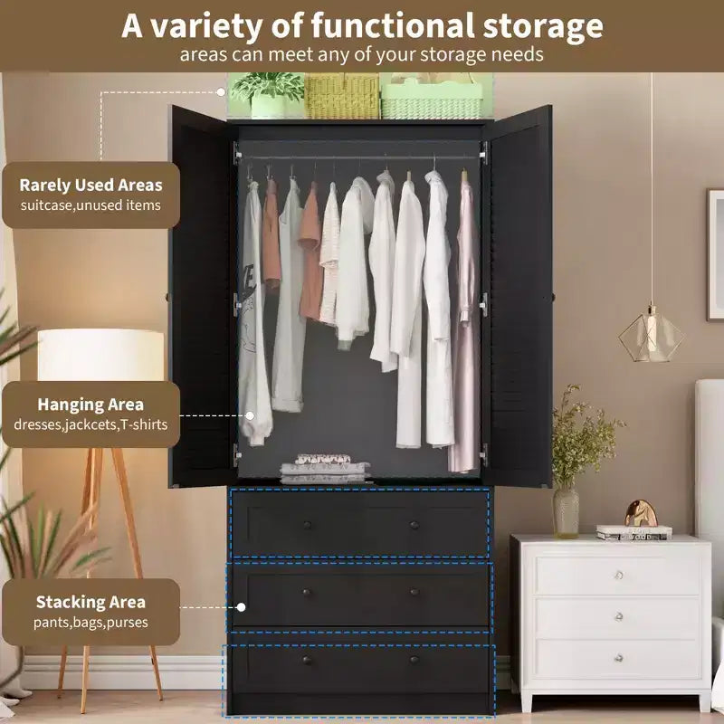 70 Wooden Wardrobe Armoire with 2 Doors & 3 Drawers Freestanding Closet Cabinet with Hanging Rod & Shelf for Bedroom Storage