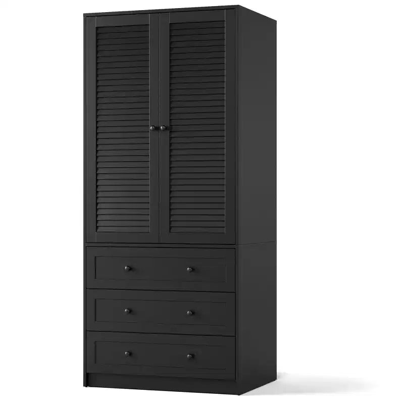 70 Wooden Wardrobe Armoire with 2 Doors & 3 Drawers Freestanding Closet Cabinet with Hanging Rod & Shelf for Bedroom Storage