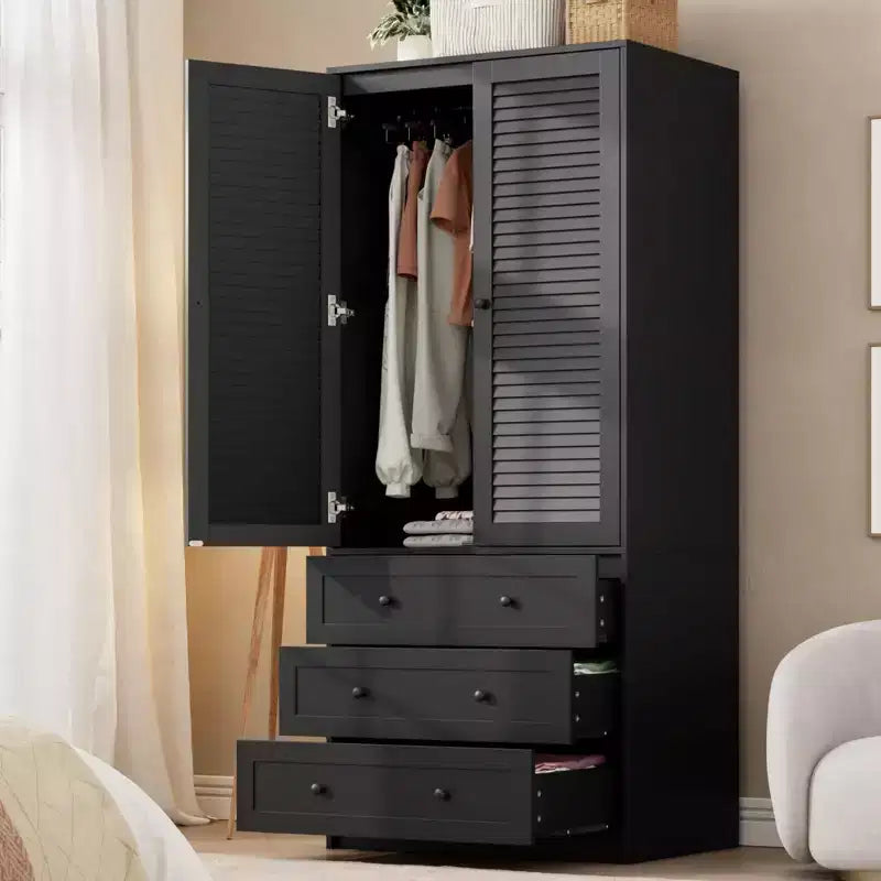 70 Wooden Wardrobe Armoire with 2 Doors & 3 Drawers  Freestanding Closet Cabinet with Hanging Rod & Shelf for Bedroom Storage