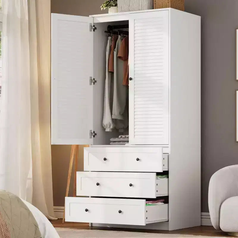 70 Wooden Wardrobe Armoire with 2 Doors & 3 Drawers Freestanding Closet Cabinet with Hanging Rod & Shelf for Bedroom Storage