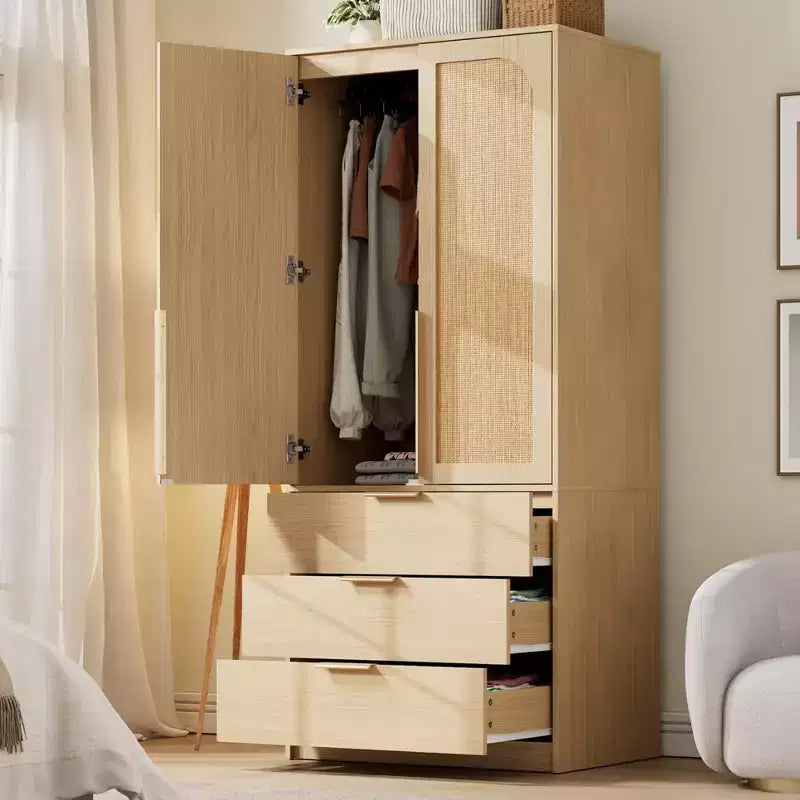 70 Wooden Wardrobe Armoire with 2 Doors & 3 Drawers Freestanding Closet Cabinet with Hanging Rod & Shelf for Bedroom Storage